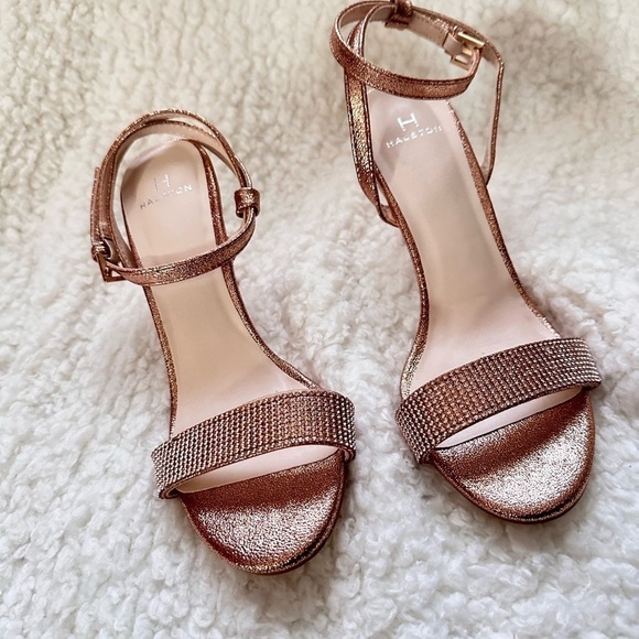 Halston Rhinestone Ankle Strap Sandal - Heels open toe Rosegold Sparkle Party 6 - Picture 14 of 14